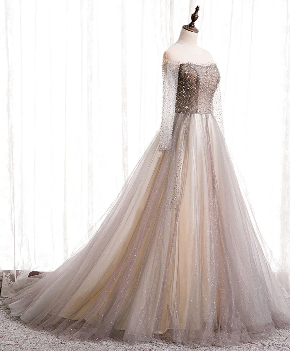 Light Champagne Long Prom Dress A line Sequin Formal Evening Party Dress