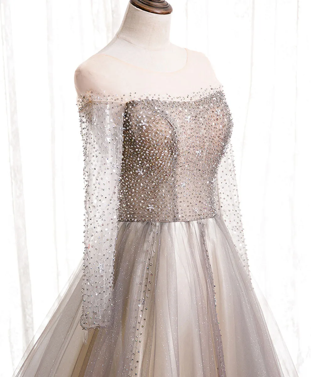 Light Champagne Long Prom Dress A line Sequin Formal Evening Party Dress