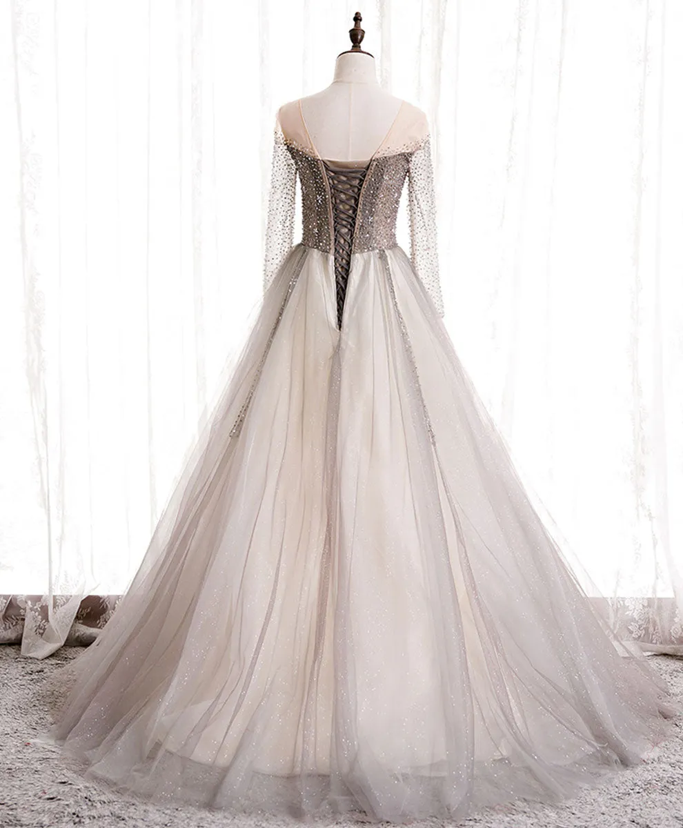 Light Champagne Long Prom Dress A line Sequin Formal Evening Party Dress