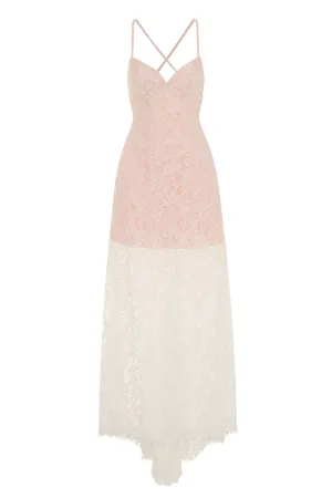 Lilly White Nude Sheer Lace Applique Fishtail Maxi Dress