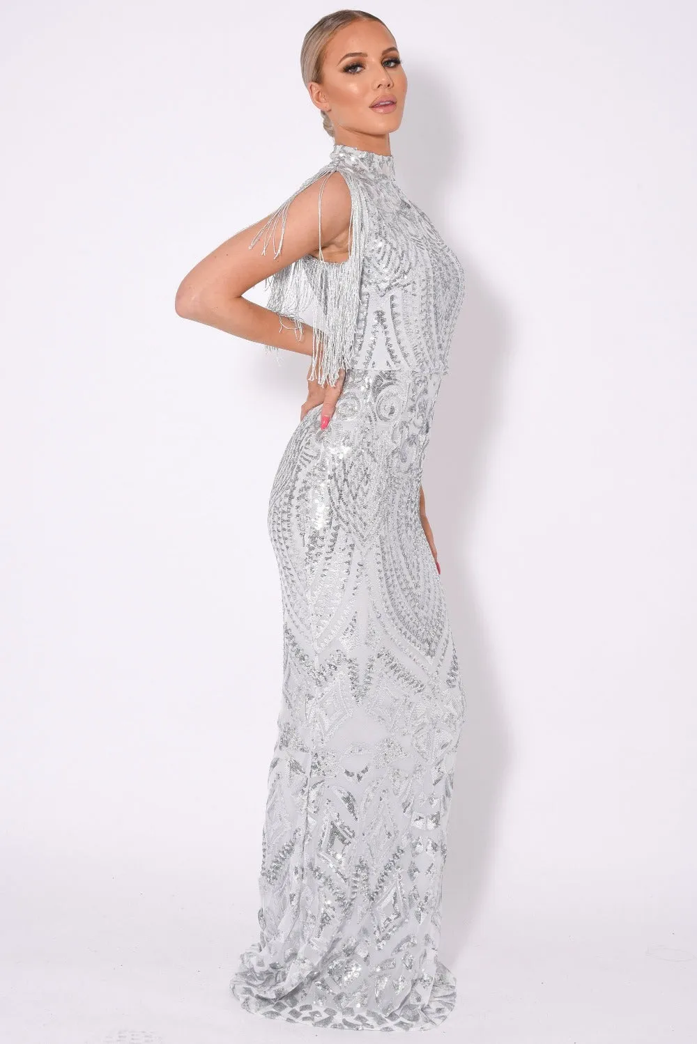 Magic Vip Silver Luxe Tassel Fringe Sequin Embellished Illusion Maxi Dress