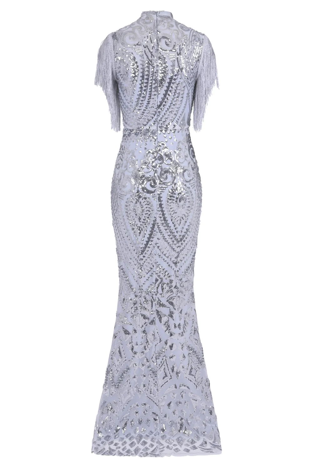 Magic Vip Silver Luxe Tassel Fringe Sequin Embellished Illusion Maxi Dress