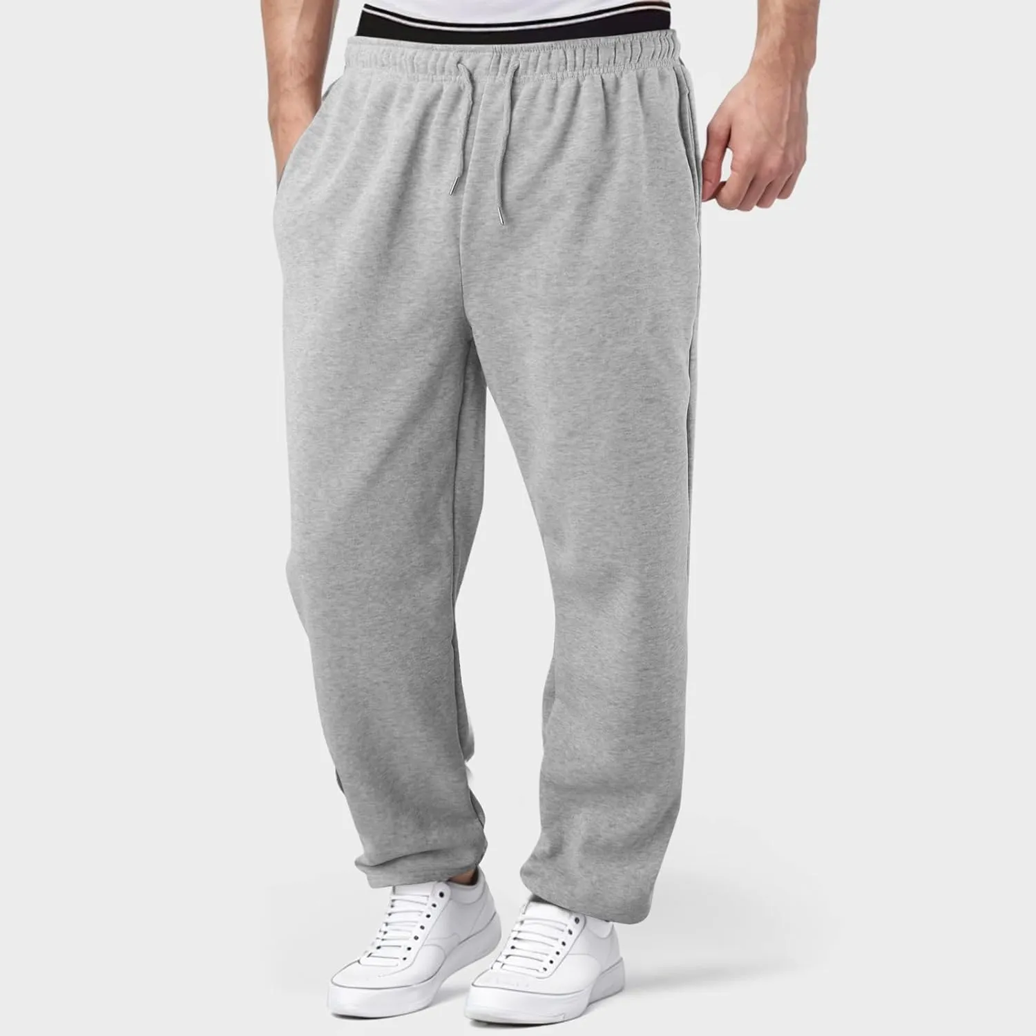 Men's Baggy Sweatpants Fleece Straight Leg Jogger Workout Casual Pant Loose Athletic Trousers Elastic Waist Pockets