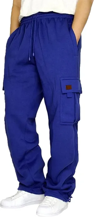 Mens Heavyweight Fleece Cargo Sweatpants Joggers Baggy Elastic Waist Drawstring Workout Pants with Pockets Winter