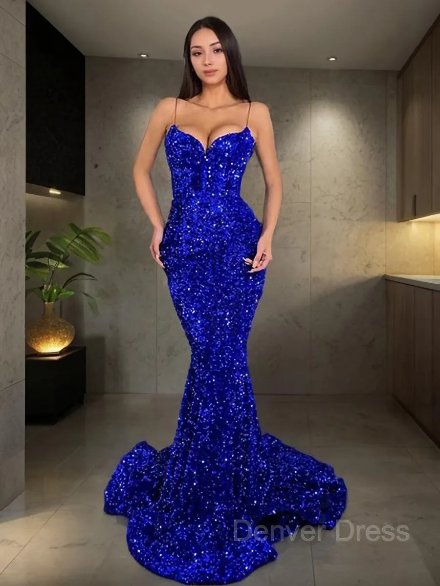 Mermaid Spaghetti Straps Sweep Train Velvet Sequins Evening Dresses