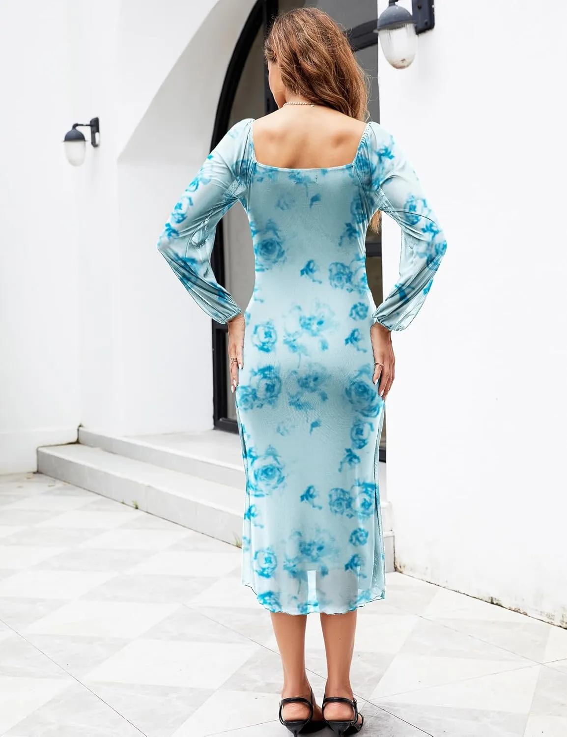 Mesh Ruched Maternity Dress Baby Shower Wedding Guest Pregnancy Shoot Fall Long Short Sleeves Square Neck