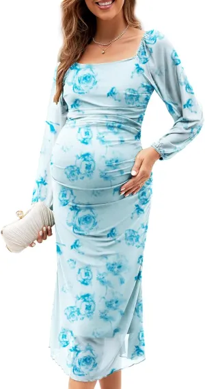 Mesh Ruched Maternity Dress Baby Shower Wedding Guest Pregnancy Shoot Fall Long Short Sleeves Square Neck