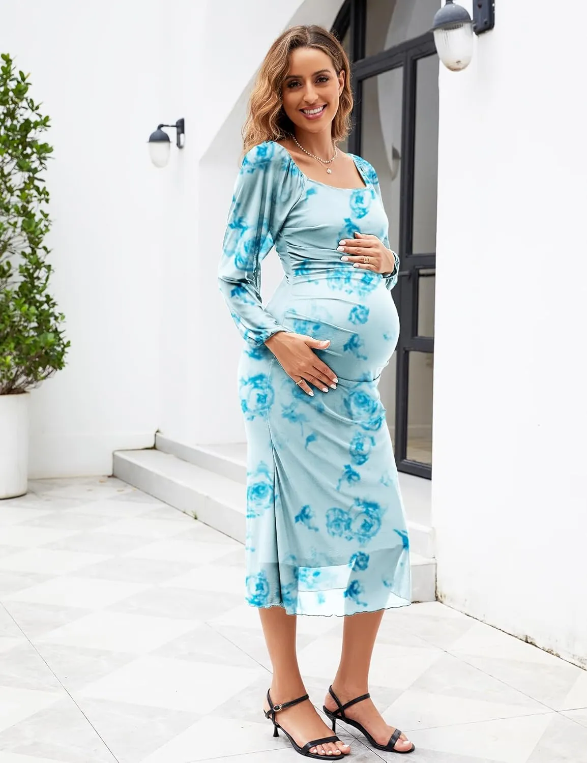Mesh Ruched Maternity Dress Baby Shower Wedding Guest Pregnancy Shoot Fall Long Short Sleeves Square Neck