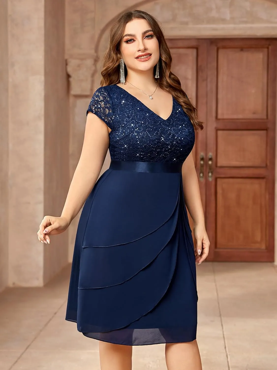 Miusol Women's Plus Size Sequin Lace V Neck Ruffle Tiered Chiffon Cocktail Party Dress