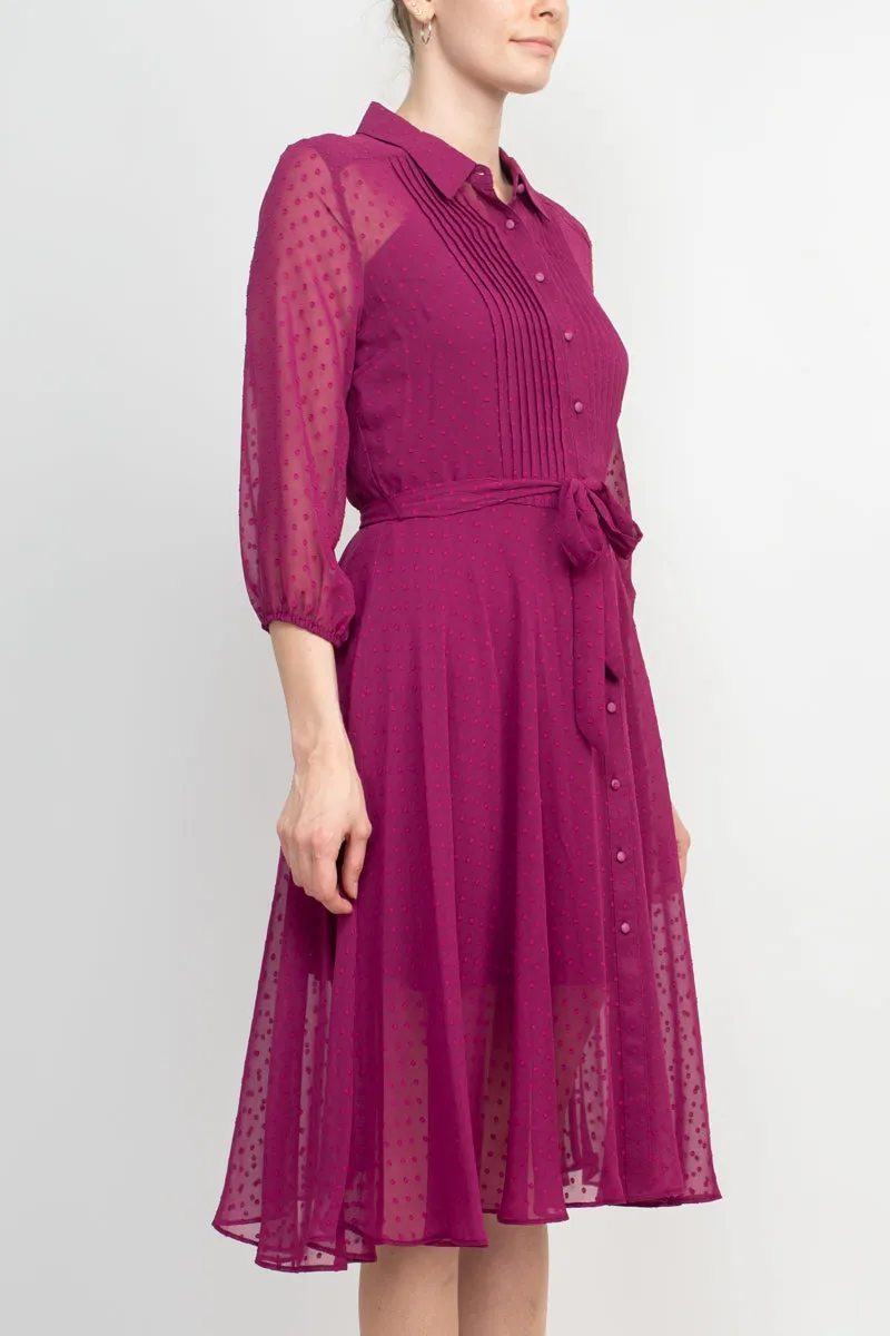 Nanette Lepore Collared 3/4 Sleeve Button Down Tie Waist Illusion Chiffon Dress