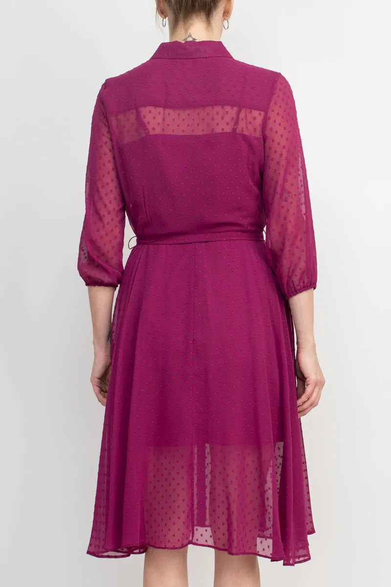 Nanette Lepore Collared 3/4 Sleeve Button Down Tie Waist Illusion Chiffon Dress