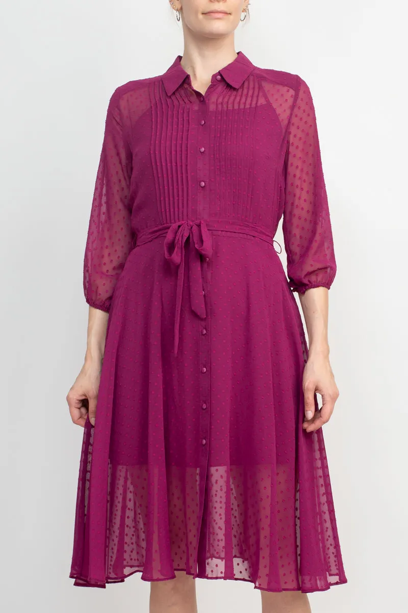 Nanette Lepore Collared 3/4 Sleeve Button Down Tie Waist Illusion Chiffon Dress