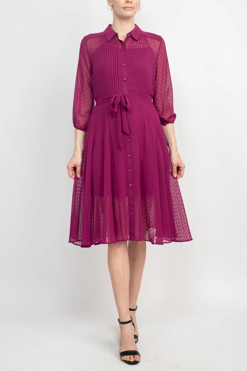 Nanette Lepore Collared 3/4 Sleeve Button Down Tie Waist Illusion Chiffon Dress