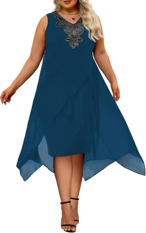 OCSTRADE Womens Plus Size Chiffon Dress Loose Sleeveless Flowy Cocktail Party Midi Dresses
