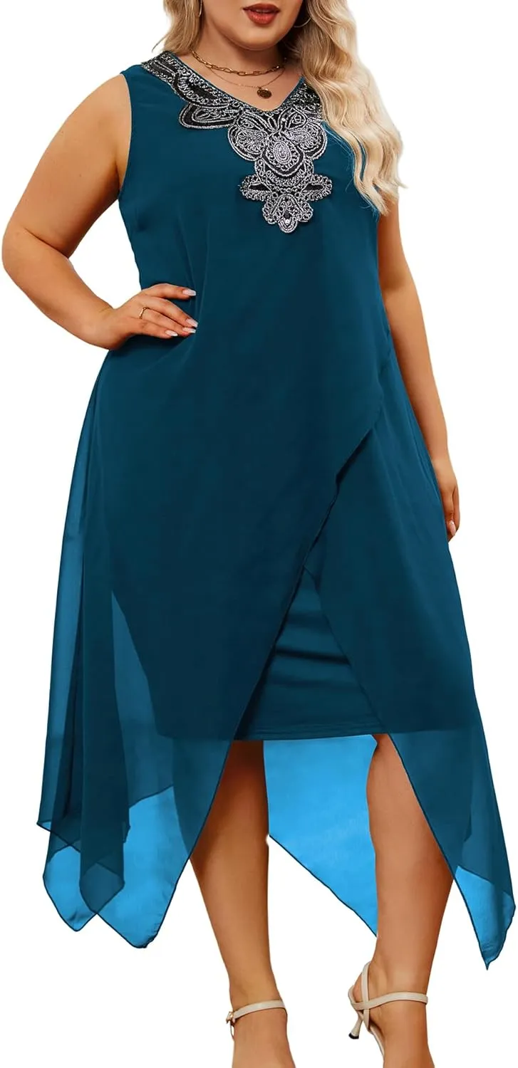 OCSTRADE Womens Plus Size Chiffon Dress Loose Sleeveless Flowy Cocktail Party Midi Dresses