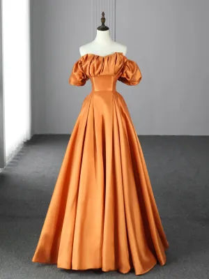 Orange Floor Length Satin Long Prom Dress Off the Shoulder Evening Party Dress