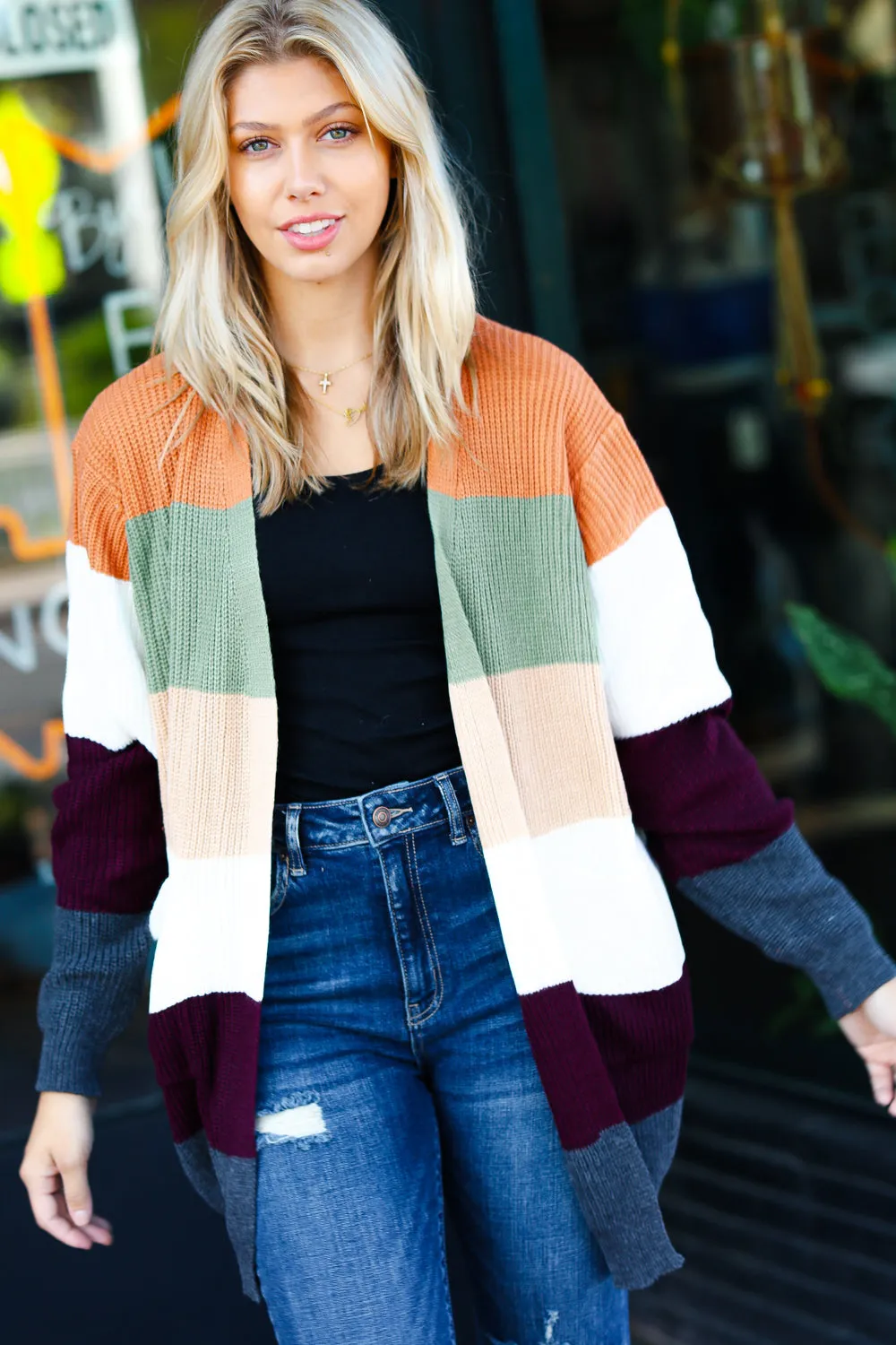 Perfectly You Plum & Olive Color Block Open Cardigan
