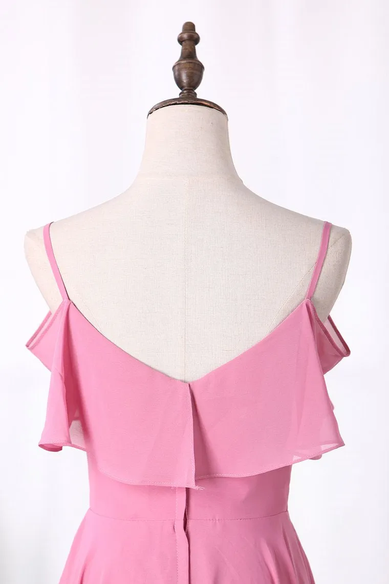 Pink Chiffon Straps Ruffled A-Line Long Bridesmaid Dress