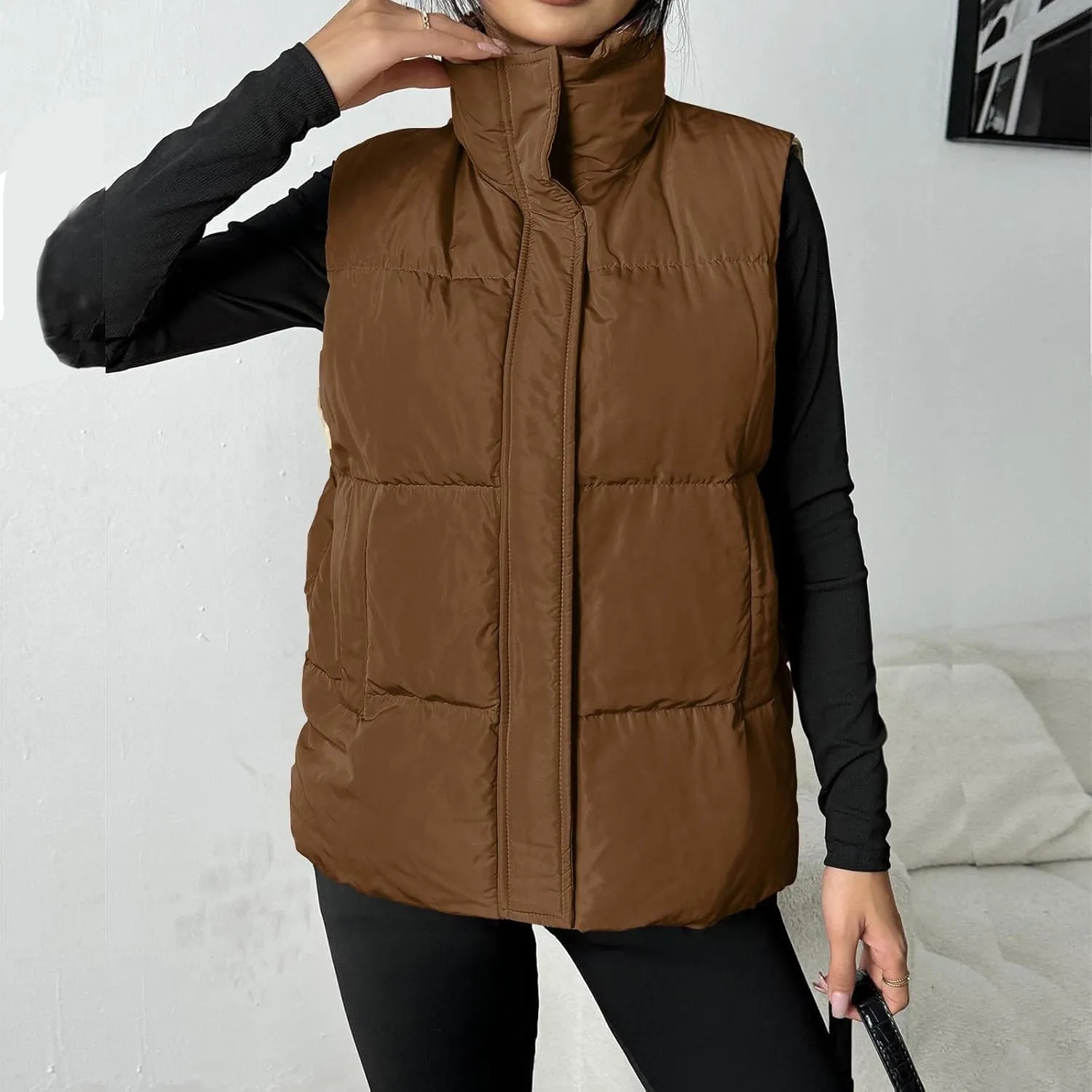 Puffer Vest Women Lightweight Zip Up Jackets with Pockets Fall Casual Stand Collar Padded Quilted Waistcoat Vest