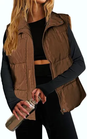 Puffer Vest Women Lightweight Zip Up Jackets with Pockets Fall Casual Stand Collar Padded Quilted Waistcoat Vest