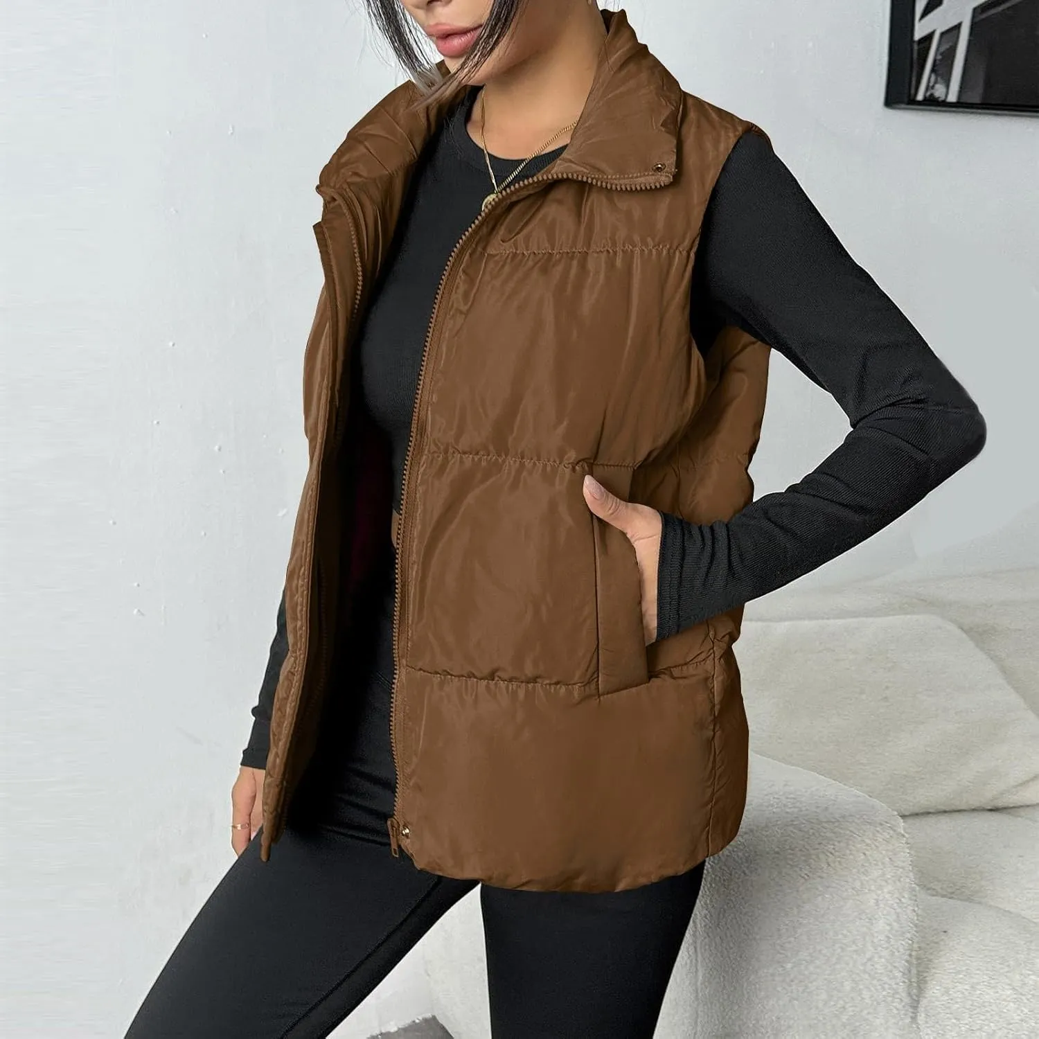 Puffer Vest Women Lightweight Zip Up Jackets with Pockets Fall Casual Stand Collar Padded Quilted Waistcoat Vest