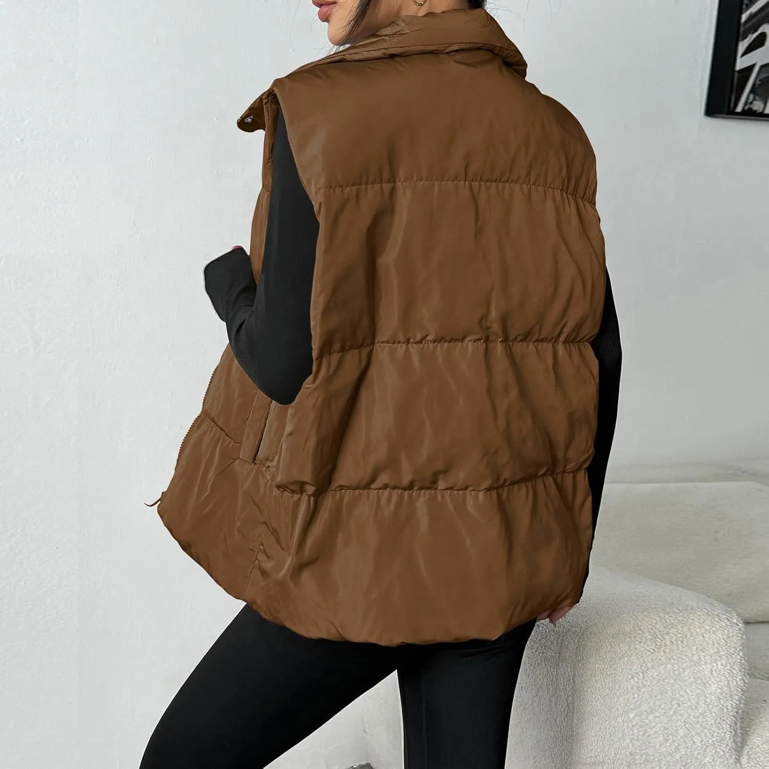Puffer Vest Women Lightweight Zip Up Jackets with Pockets Fall Casual Stand Collar Padded Quilted Waistcoat Vest