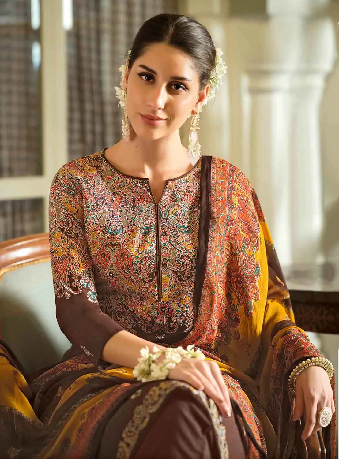 Pure Cotton Printed Brown Unstitched Suit Dress Material for Ladies