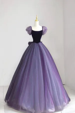 Purple Tulle Long Prom Dress with Velvet, Cute A-Line Short Sleeve Evening Dress