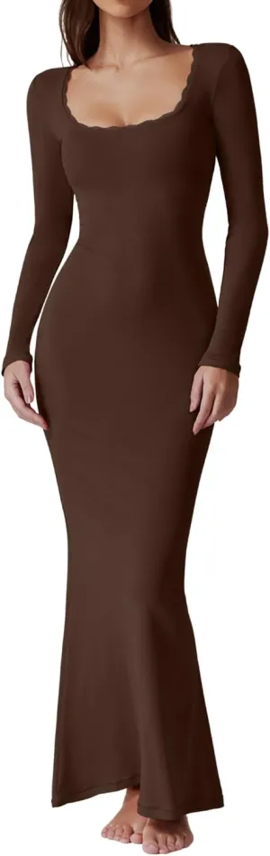 QINSEN Women's Ribbed Knit Long Sleeve Scoop Neck Maxi Dress with Lace Details Bodycon Dress