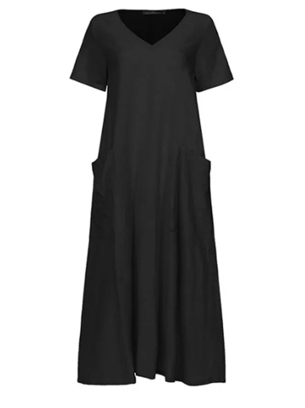Ramie Cotton Solid Color Plus Size V-Neck Casual Dress