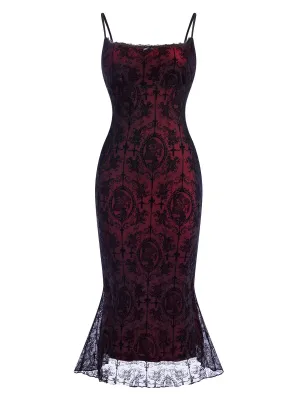 Red 1930s Skull Ladies Lace Spaghetti Straps Dress