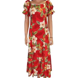Red Hawaiian Long Dress in White Hibiscus Print