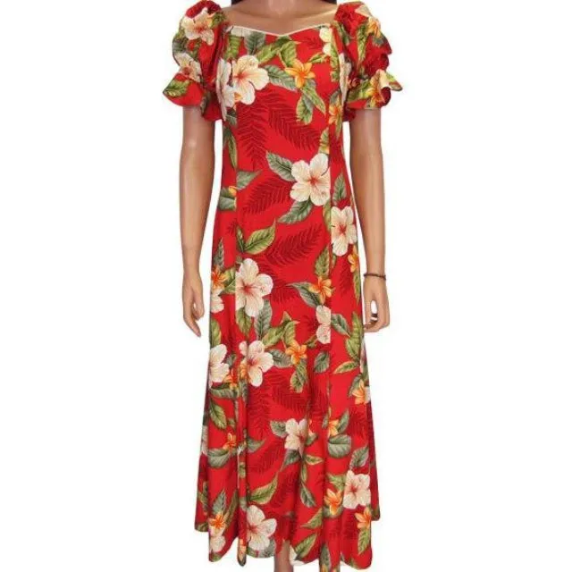 Red Hawaiian Long Dress in White Hibiscus Print