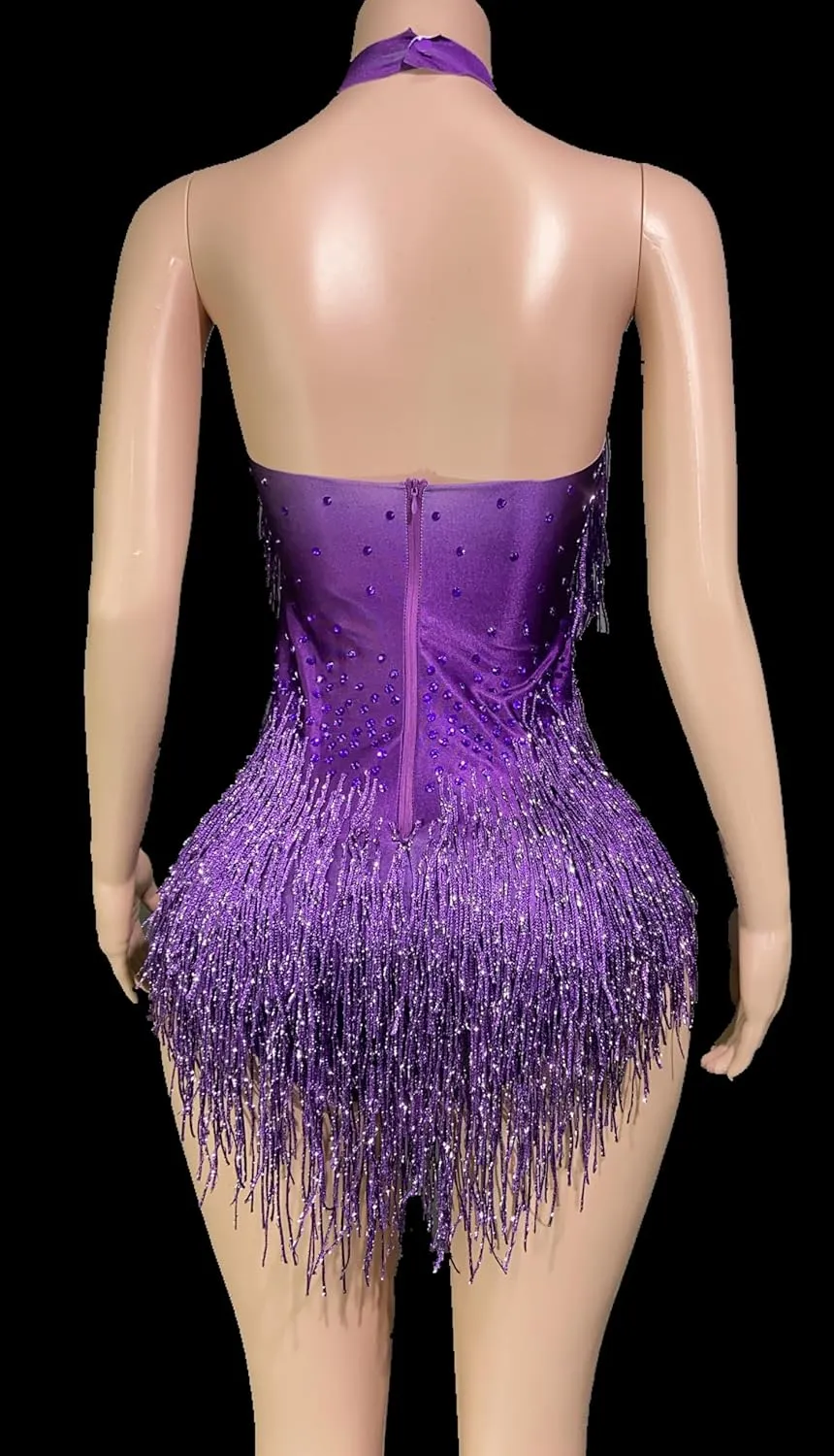 Rhinestones Fringe Skirt Bodysuit Women's Birthday Party Evening Costume Nightclub Dance Wear New Colored