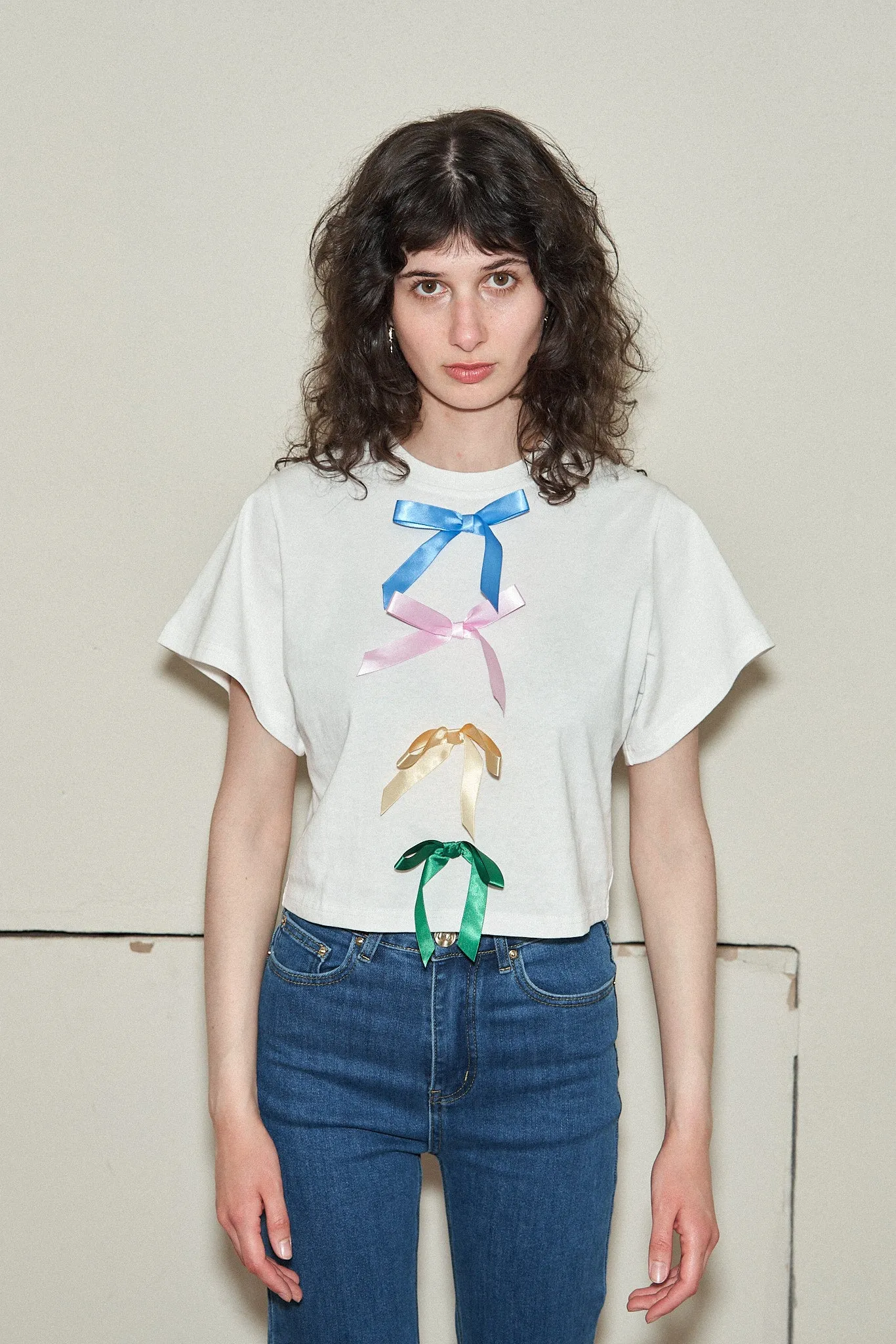 Satin Bow Crop Tommy Tee White