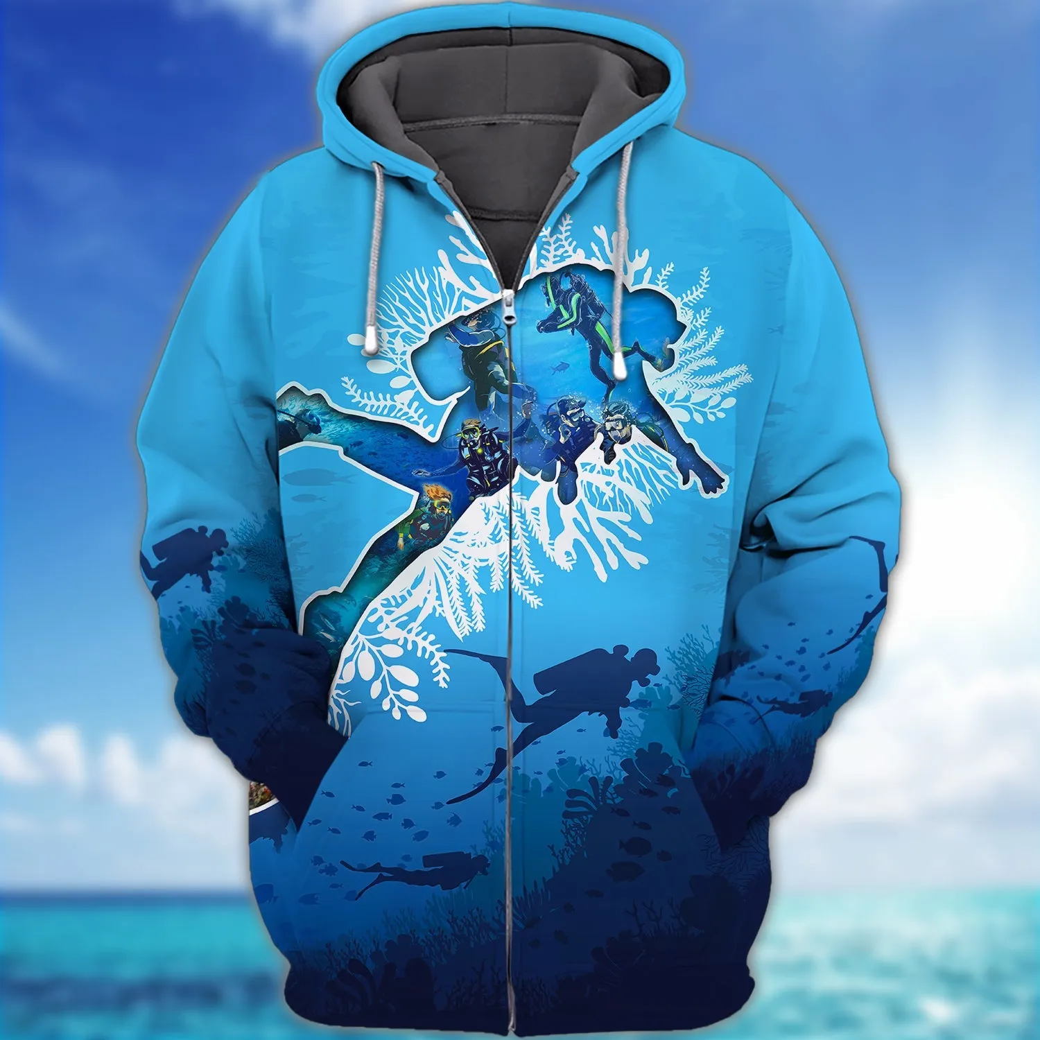 Scuba Diving Ocean Blue 3D Full Print Sweatshirt Hoodie Bomber, Christmas Gift for Diving Lovers