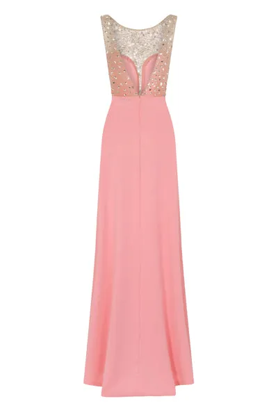 Seska Blush Crystal Plunge Thigh Split Fishtail Maxi Dress