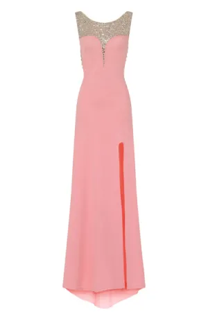 Seska Blush Crystal Plunge Thigh Split Fishtail Maxi Dress