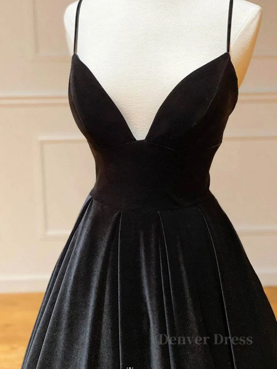 Simple Black velvet long prom dress black evening dress