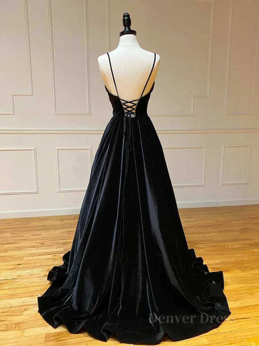 Simple Black velvet long prom dress black evening dress