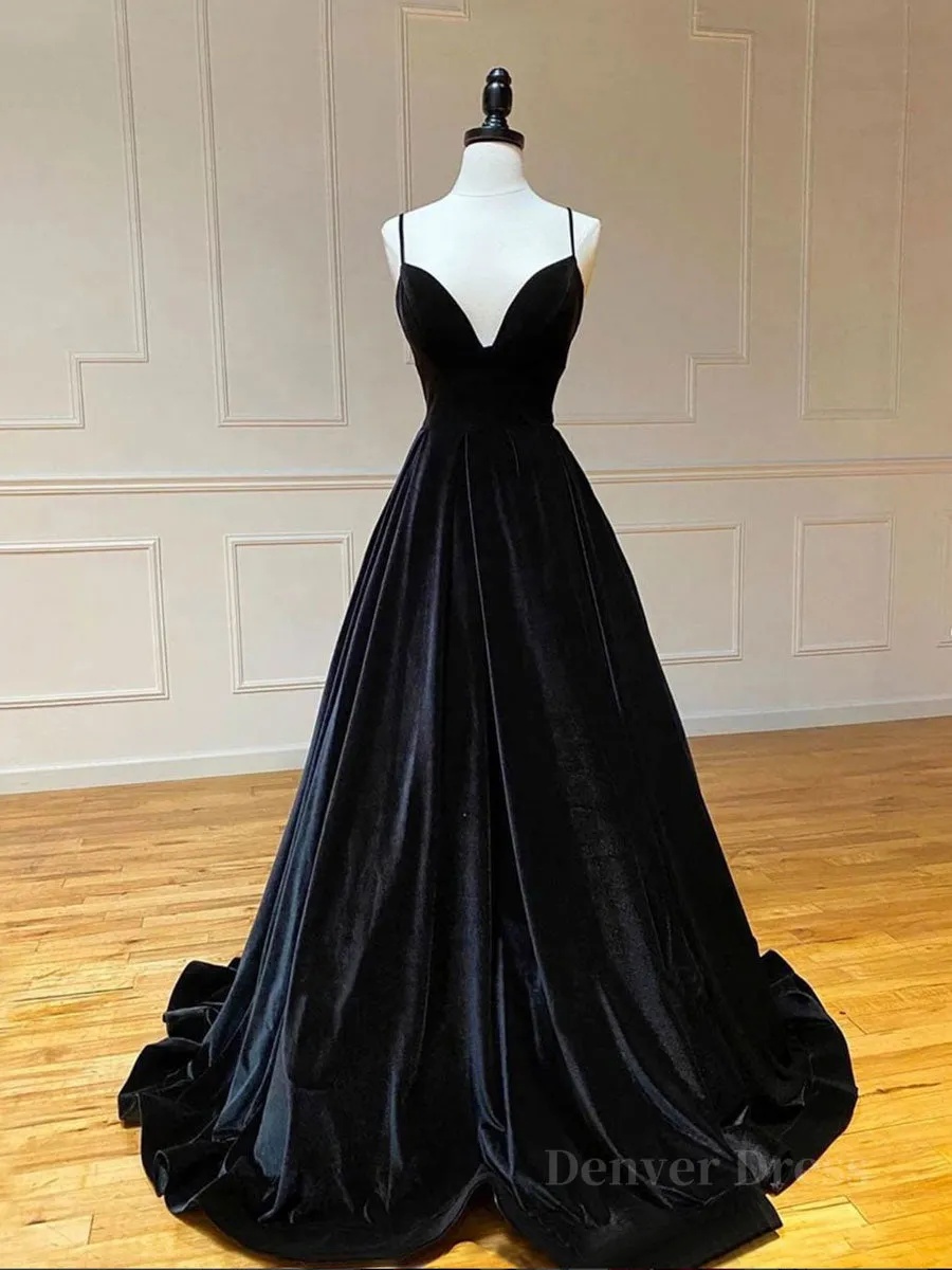 Simple Black velvet long prom dress black evening dress