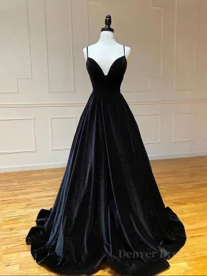 Simple Black velvet long prom dress black evening dress