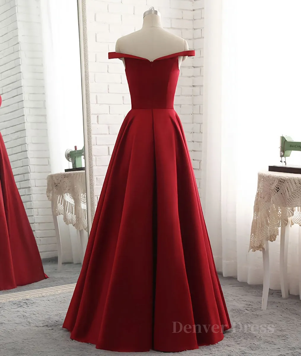 Simple burgundy off shoulder long prom dress burgundy evening dress