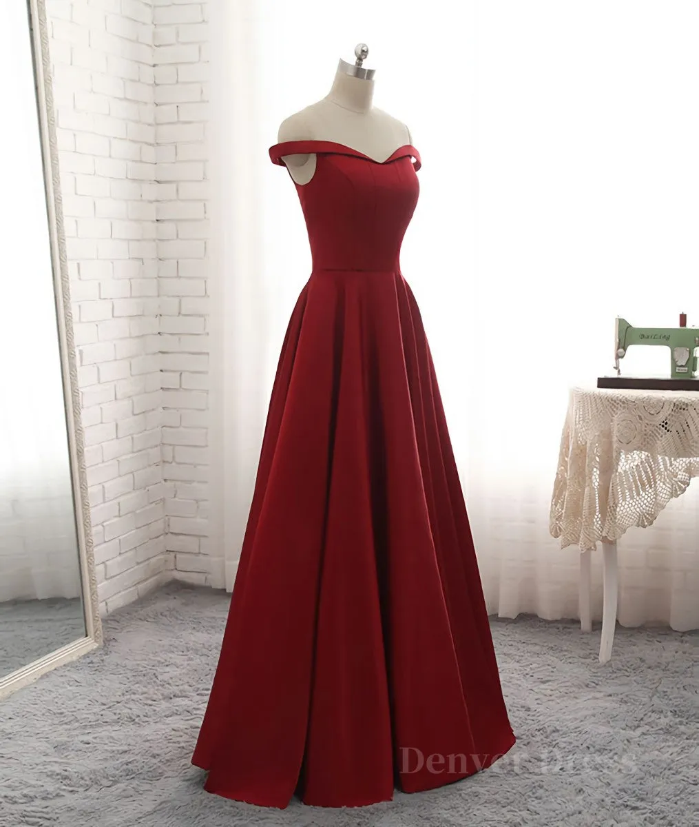 Simple burgundy off shoulder long prom dress burgundy evening dress