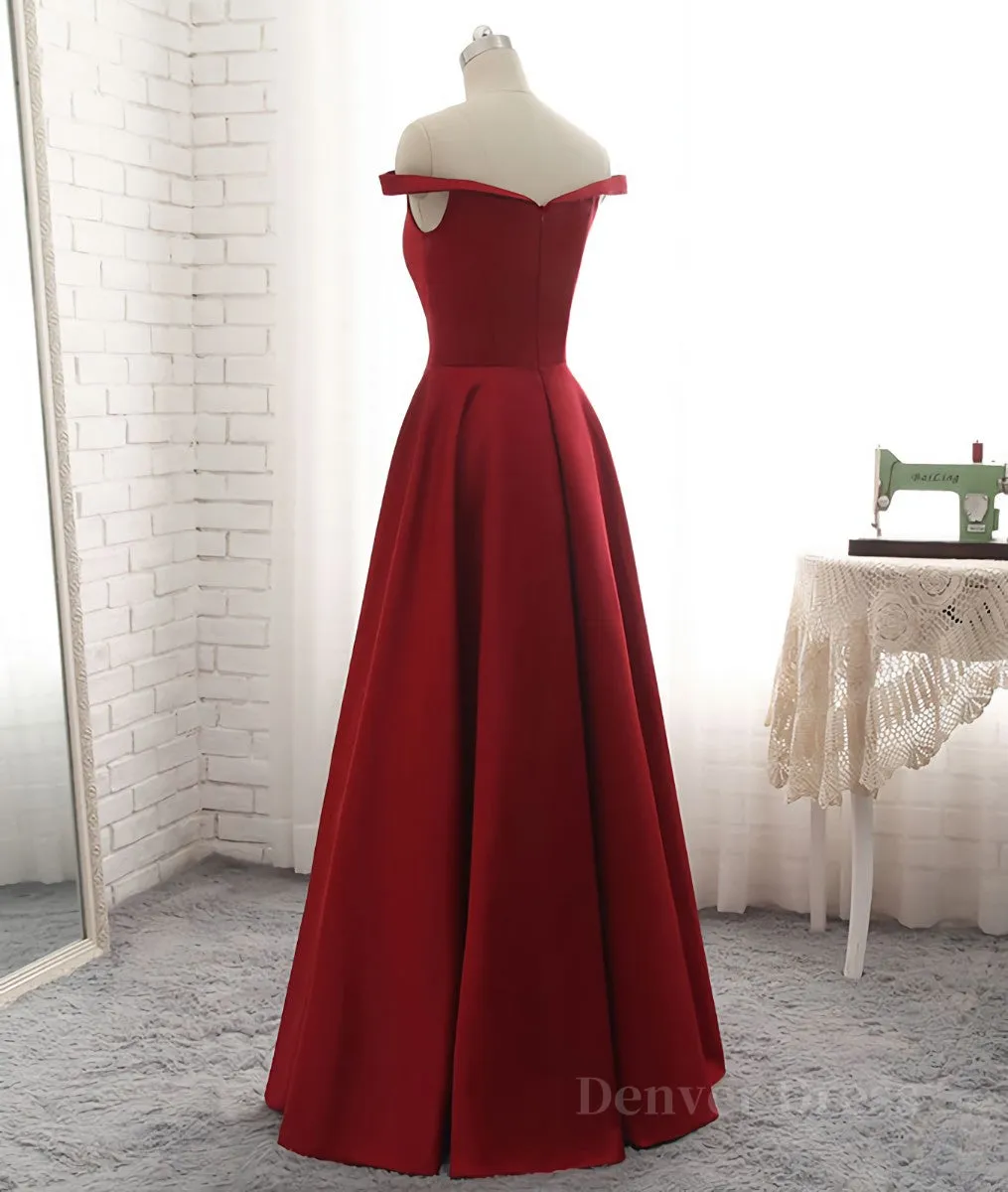 Simple burgundy off shoulder long prom dress burgundy evening dress