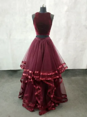 Simple Burgundy Two Pieces Tulle Long Prom Dress, Burgundy Evening Dress
