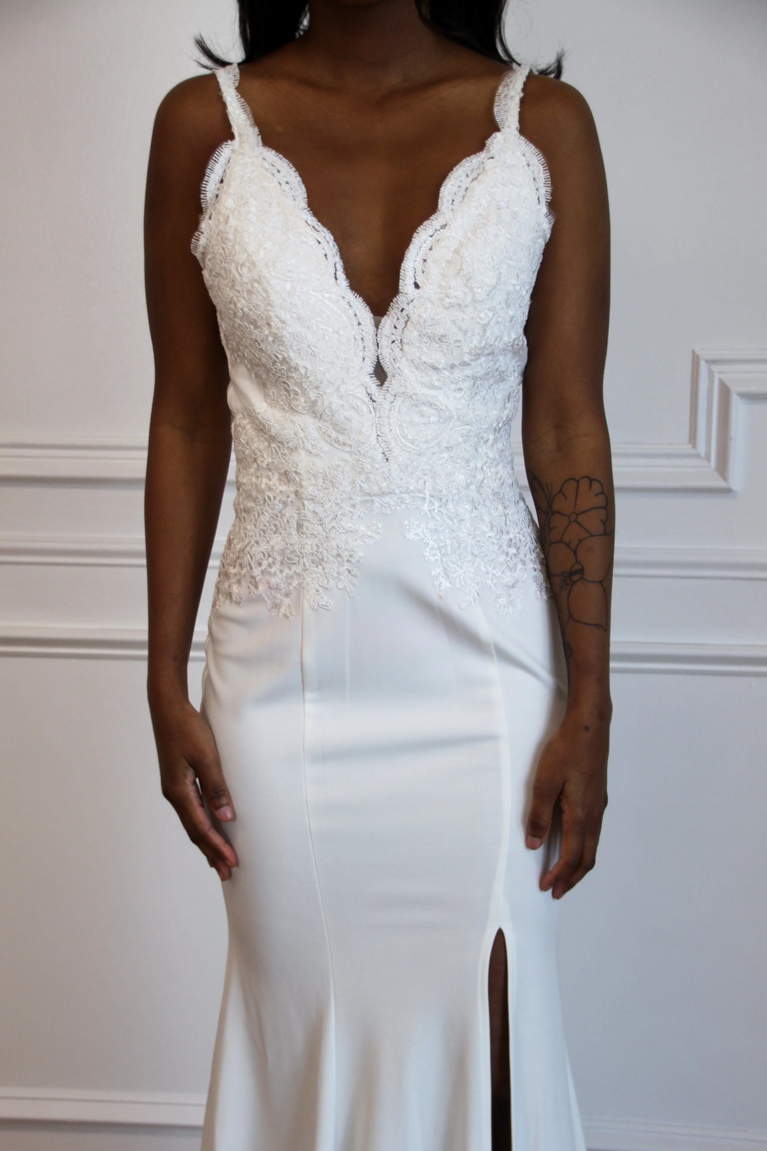 Simple Elegance Slit Wedding Dress: White