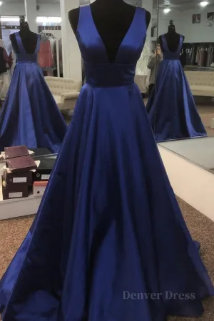 Simple V Neck Open Back Blue Long Prom Dress V Neck Blue Formal Dress Blue Evening Dress