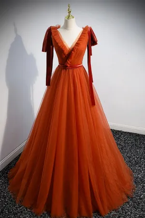 Simple V-Neck Tulle Long Prom Dress A-Line Formal Evening Dress
