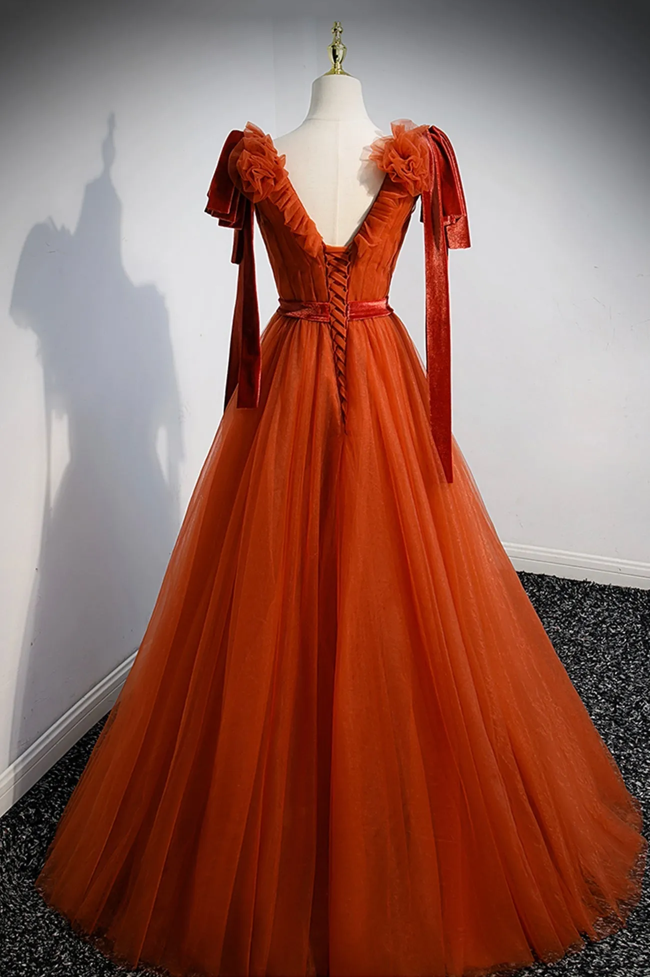Simple V-Neck Tulle Long Prom Dress A-Line Formal Evening Dress